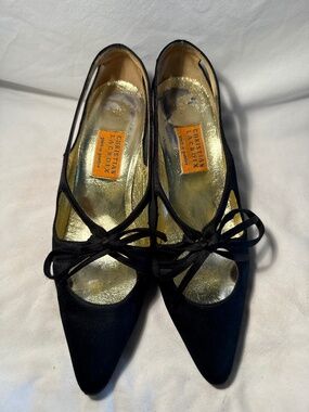Vintage Christian Lacroix Prêt-à-Porter Black Satin Heels with Bow Tie Size 38.5